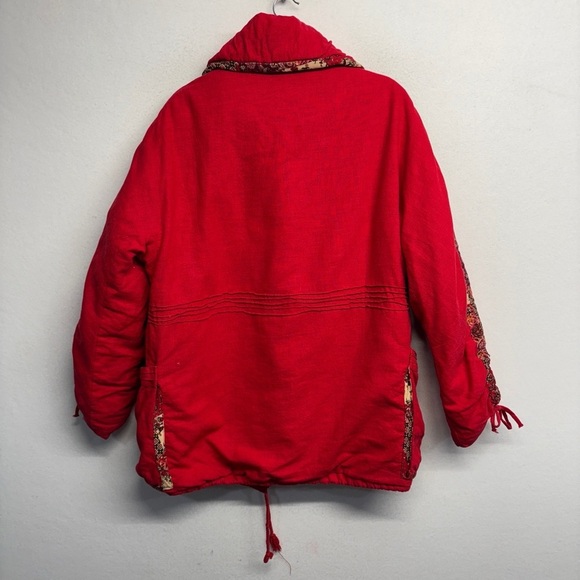 Cotton Hemp Oversized Chinese Red Coat L? Floral Cinch Sleeve - Picture 2 of 9